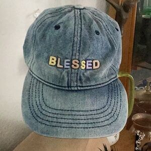Kids Denim Cap with Multicolor 'Blessed' Embroidery